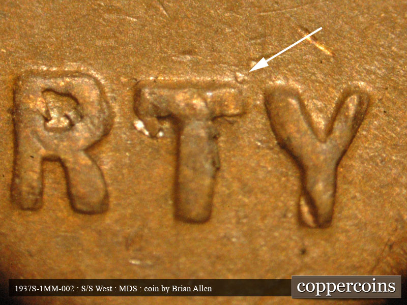 Die-stage B marker on 1937S•1MM•002 (1937 Repunched Mint Mark).