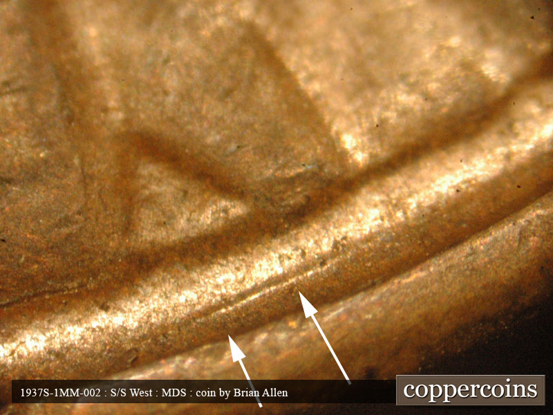 Die-stage B marker on 1937S•1MM•002 (1937 Repunched Mint Mark).
