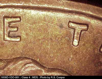 Die-stage B marker on 1938D•1DO•001 (1938 Doubled Die Obverse).