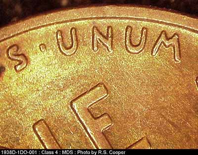 Die-stage B marker on 1938D•1DO•001 (1938 Doubled Die Obverse).