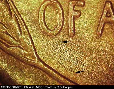 Die-stage B marker on 1938D•1DR•001 (1938 Doubled Die Reverse).