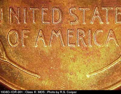 Die-stage B marker on 1938D•1DR•001 (1938 Doubled Die Reverse).