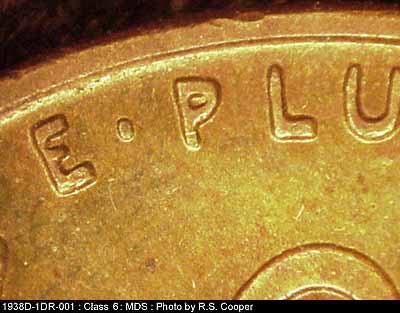 Die-stage B marker on 1938D•1DR•001 (1938 Doubled Die Reverse).