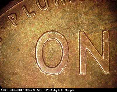 Die-stage B marker on 1938D•1DR•001 (1938 Doubled Die Reverse).