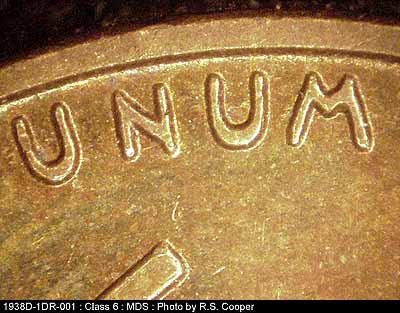 Die-stage B marker on 1938D•1DR•001 (1938 Doubled Die Reverse).