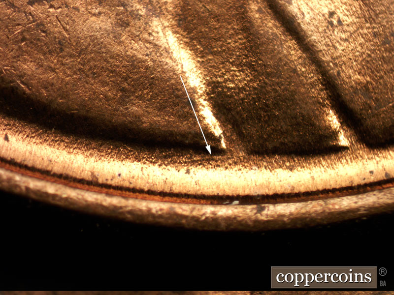 Die-stage C marker on 1938D•1DR•002 (1938 Doubled Die Reverse).