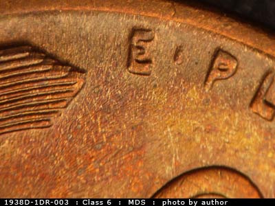 1938 Lincoln cent obverse, CopperCoins die 1938D•1DR•003.
