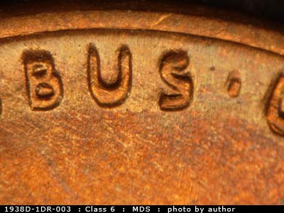 Die-stage B marker on 1938D•1DR•003 (1938 Doubled Die Reverse).