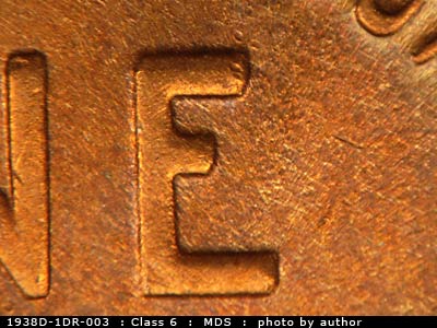 Die-stage B marker on 1938D•1DR•003 (1938 Doubled Die Reverse).