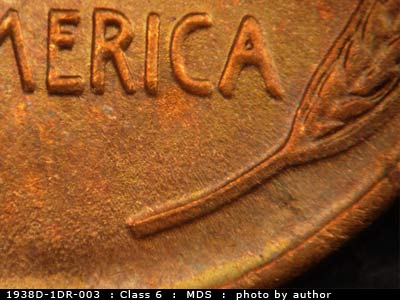 Die-stage B marker on 1938D•1DR•003 (1938 Doubled Die Reverse).
