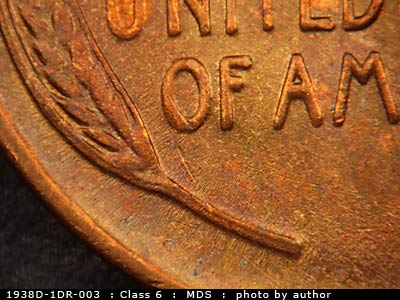 Die-stage B marker on 1938D•1DR•003 (1938 Doubled Die Reverse).