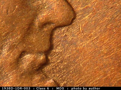 Die-stage B marker on 1938D•1DR•003 (1938 Doubled Die Reverse).