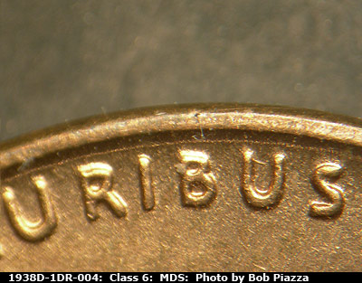 Die-stage B marker on 1938D•1DR•004 (1938 Doubled Die Reverse).
