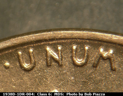 Die-stage B marker on 1938D•1DR•004 (1938 Doubled Die Reverse).