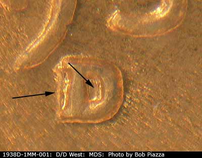 Die-stage B marker on 1938D•1MM•001 (1938 Repunched Mint Mark).