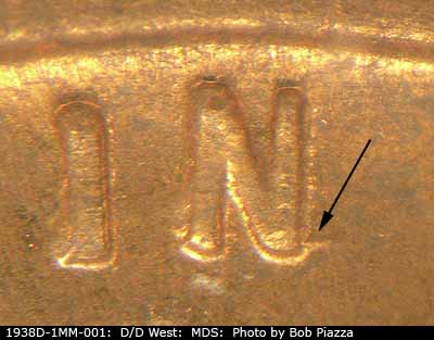 Die-stage B marker on 1938D•1MM•001 (1938 Repunched Mint Mark).