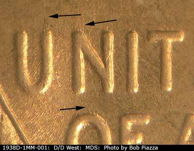 Die-stage B marker on 1938D•1MM•001 (1938 Repunched Mint Mark).