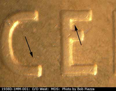 Die-stage B marker on 1938D•1MM•001 (1938 Repunched Mint Mark).