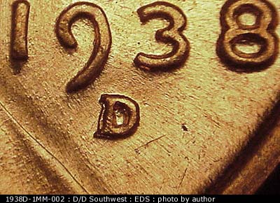 Die-stage A marker on 1938D•1MM•002 (1938 Repunched Mint Mark).