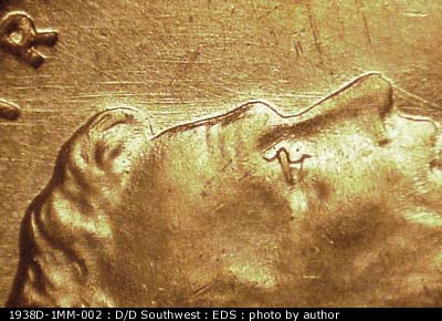 Die-stage A marker on 1938D•1MM•002 (1938 Repunched Mint Mark).