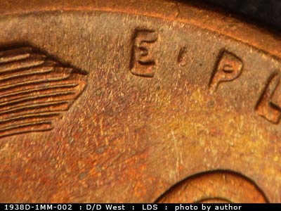 Die-stage C marker on 1938D•1MM•002 (1938 Repunched Mint Mark).