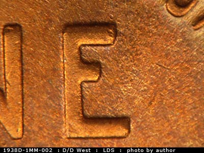 Die-stage C marker on 1938D•1MM•002 (1938 Repunched Mint Mark).