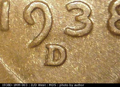 1938 Lincoln cent obverse, CopperCoins die 1938D•1MM•003.