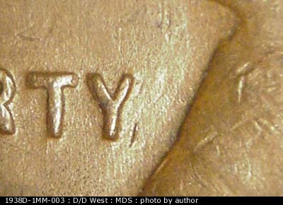 Die-stage B marker on 1938D•1MM•003 (1938 Repunched Mint Mark).