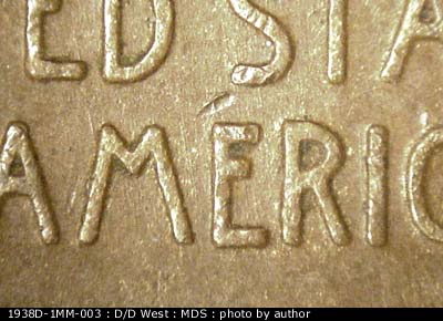 Die-stage B marker on 1938D•1MM•003 (1938 Repunched Mint Mark).