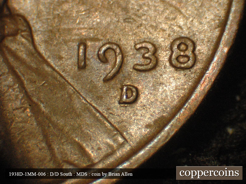 Die-stage B marker on 1938D•1MM•006 (1938 Repunched Mint Mark).