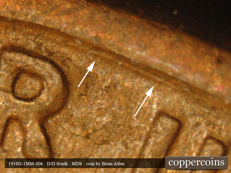 Die-stage B marker on 1938D•1MM•006 (1938 Repunched Mint Mark).