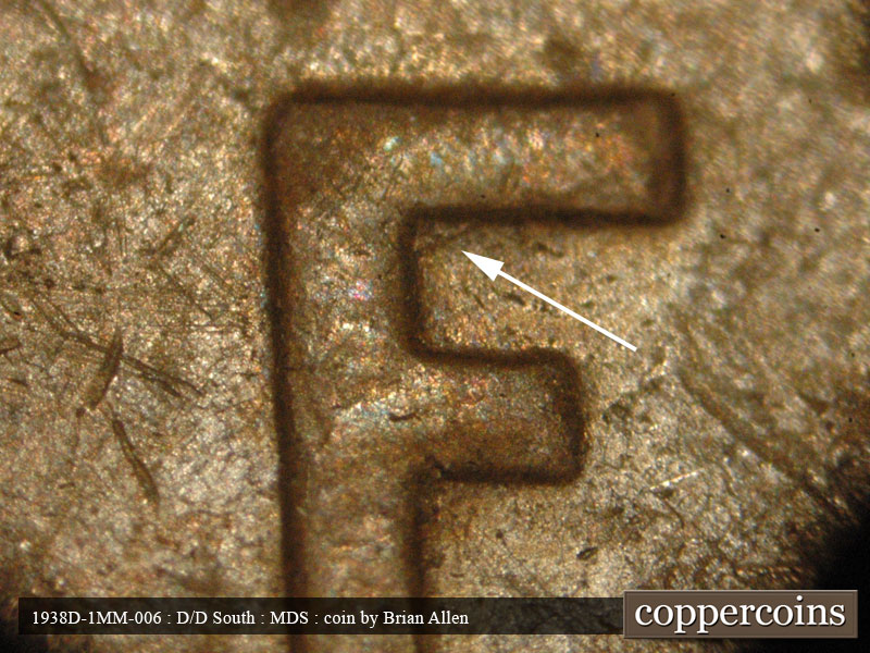 Die-stage B marker on 1938D•1MM•006 (1938 Repunched Mint Mark).