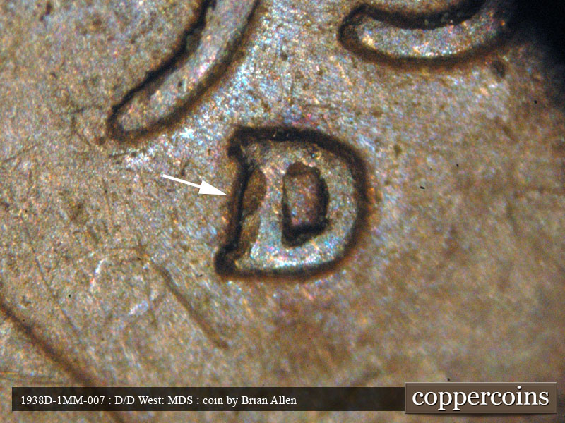 1938 Lincoln cent obverse, CopperCoins die 1938D•1MM•007.