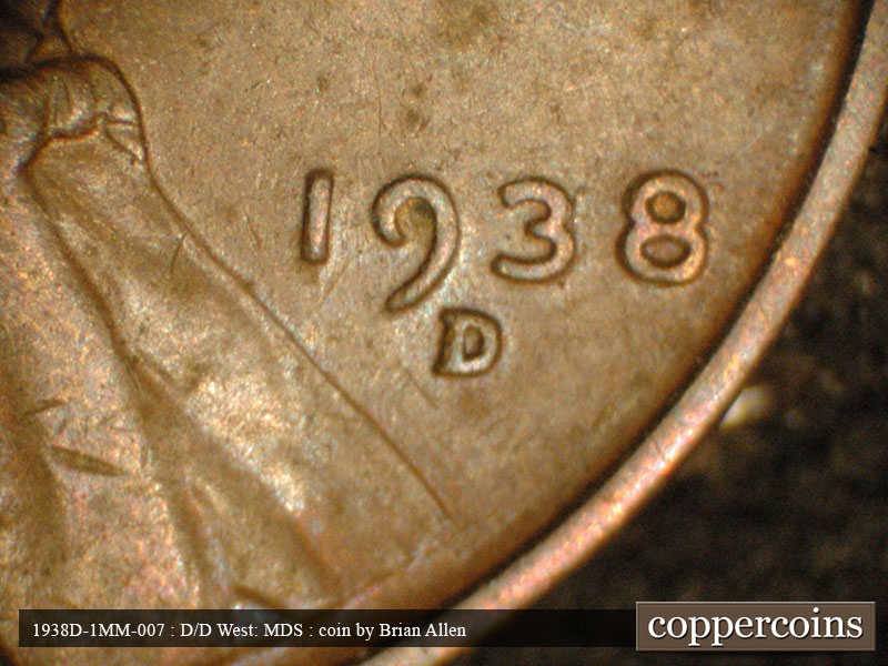 Die-stage B marker on 1938D•1MM•007 (1938 Repunched Mint Mark).