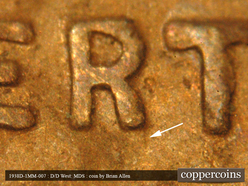 Die-stage B marker on 1938D•1MM•007 (1938 Repunched Mint Mark).
