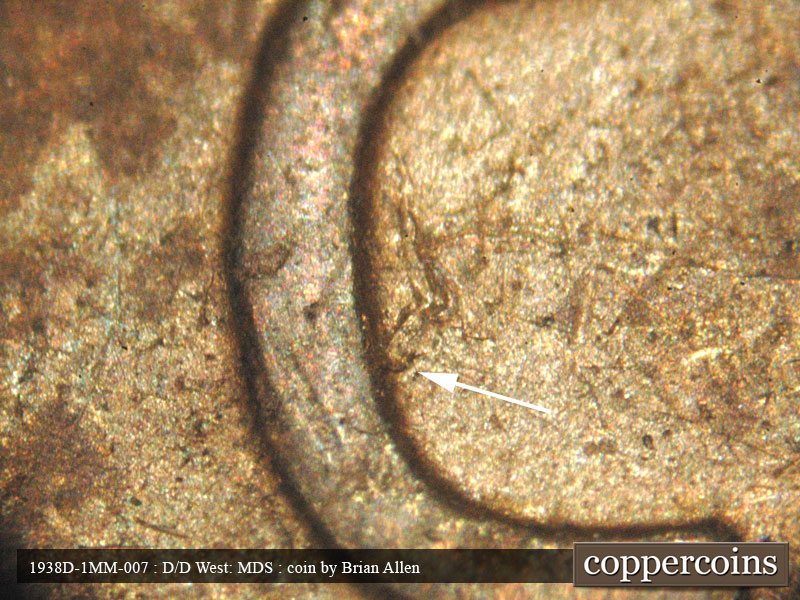 Die-stage B marker on 1938D•1MM•007 (1938 Repunched Mint Mark).