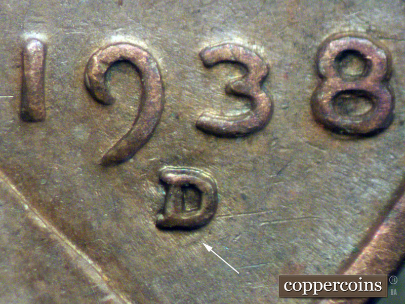 Die-stage A marker on 1938D•1MM•008 (1938 Repunched Mint Mark).