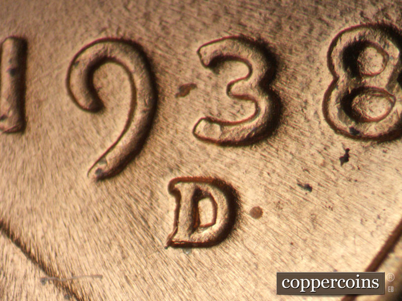 1938 Lincoln cent obverse, CopperCoins die 1938D•1MM•009.