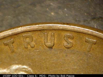 Die-stage B marker on 1938P•1DO•001 (1938 Doubled Die Obverse).
