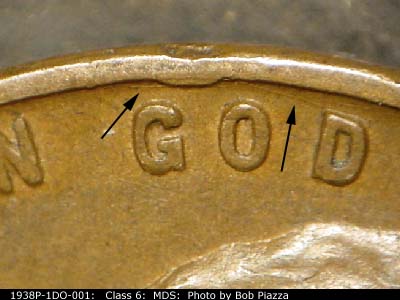 Die-stage B marker on 1938P•1DO•001 (1938 Doubled Die Obverse).