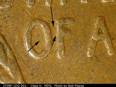 Die-stage B marker on 1938P•1DO•001 (1938 Doubled Die Obverse).