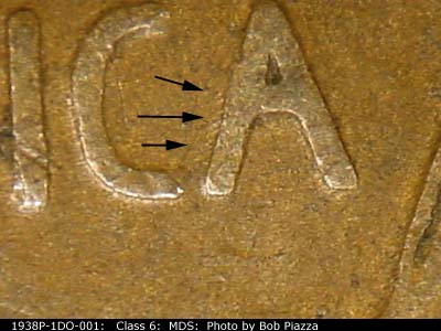 Die-stage B marker on 1938P•1DO•001 (1938 Doubled Die Obverse).