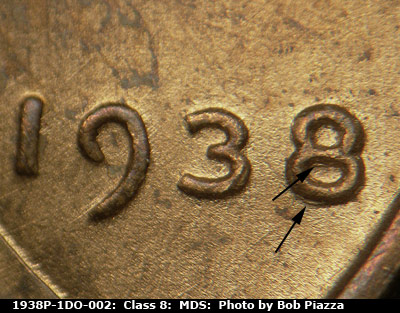 Die-stage B marker on 1938P•1DO•002 (1938 Doubled Die Obverse).