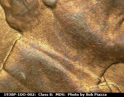 Die-stage B marker on 1938P•1DO•002 (1938 Doubled Die Obverse).