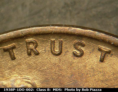 Die-stage B marker on 1938P•1DO•002 (1938 Doubled Die Obverse).