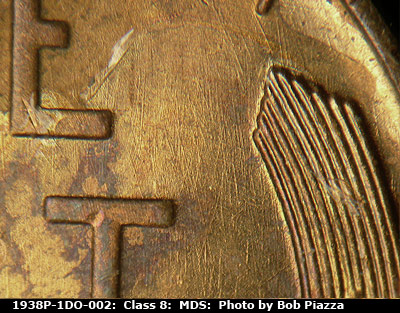 Die-stage B marker on 1938P•1DO•002 (1938 Doubled Die Obverse).