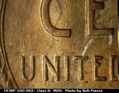 Die-stage B marker on 1938P•1DO•002 (1938 Doubled Die Obverse).