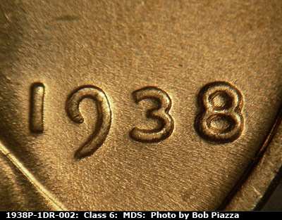 Die-stage B marker on 1938P•1DR•002 (1938 Doubled Die Reverse).