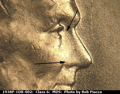 Die-stage B marker on 1938P•1DR•002 (1938 Doubled Die Reverse).