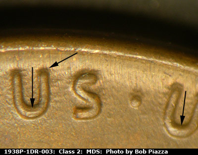 Die-stage B marker on 1938P•1DR•003 (1938 Doubled Die Reverse).